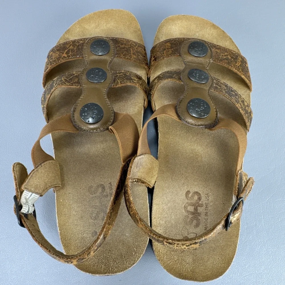 SAS Clover Sandals Womens 10 W Bronze Metallic T Strap Strappy Sling Back Buckle